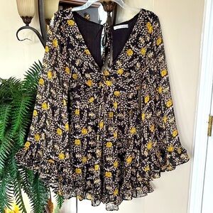 Saints + Secrets Black Yellow Gold Floral Boho Ruffle Long Sleeved Mini Dress